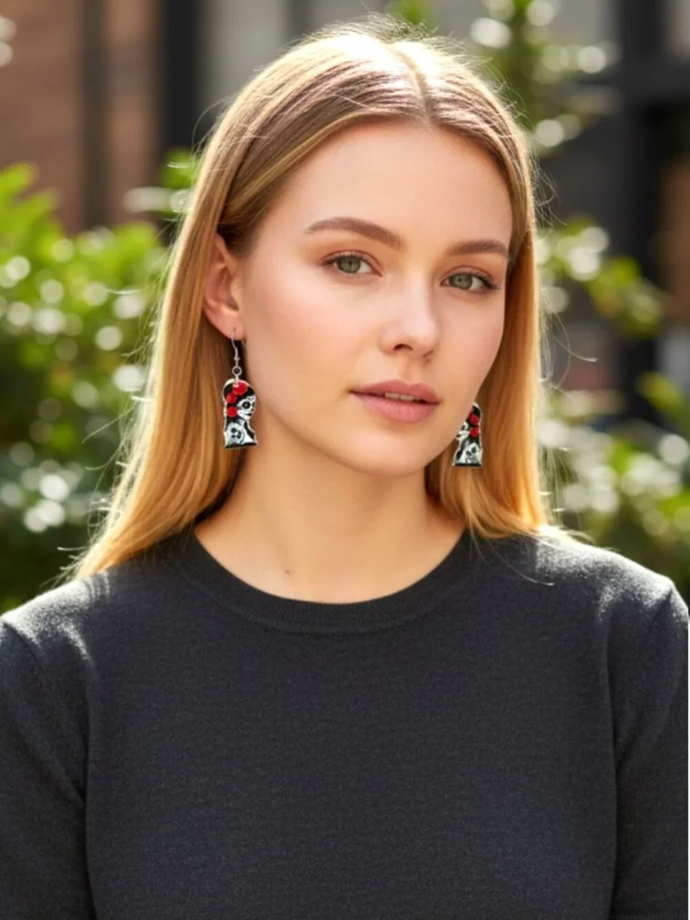Day of the Dead Earrings Sugar Skull Red Rose Goth Dangle Handmade 2.25